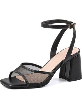Women's Black Wide Square Toe Mesh Block Chunky Ankle Strap Heel Sandals